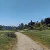 The trail begins by heading through a grassy field in a suburban San Diego neighborhood.