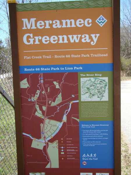 Access the  route of Meramac  Greenway Trail System from Route 66 State Park.