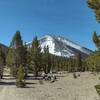 Heading south-southeast on the PCT, Mount Guyot, 12,300 ft., rises up ahead.