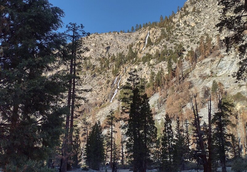 Chagoopa Falls plunges 1,200 feet down the western walls of Kern Canyon, into the Kern River on the canyon floor.  It is one of the tallest waterfalls in the Sierras.