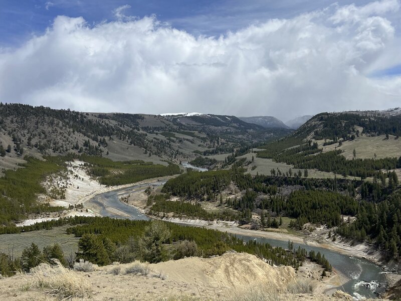 View of the Yellowstone River from the trail. In the spring, storms can blow in without warning, so make sure you have a jacket.