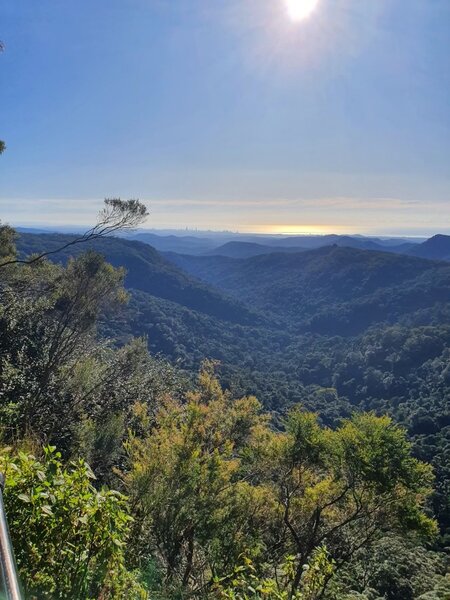 The view from The Canyon Lookout on Warrie Circuit. You can see the Coral Sea in the distance.