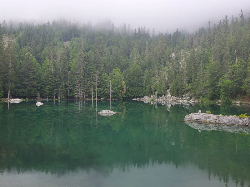 Lac Vert on a moody, foggy morning.