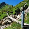 Mini hanging bridge across a stream.