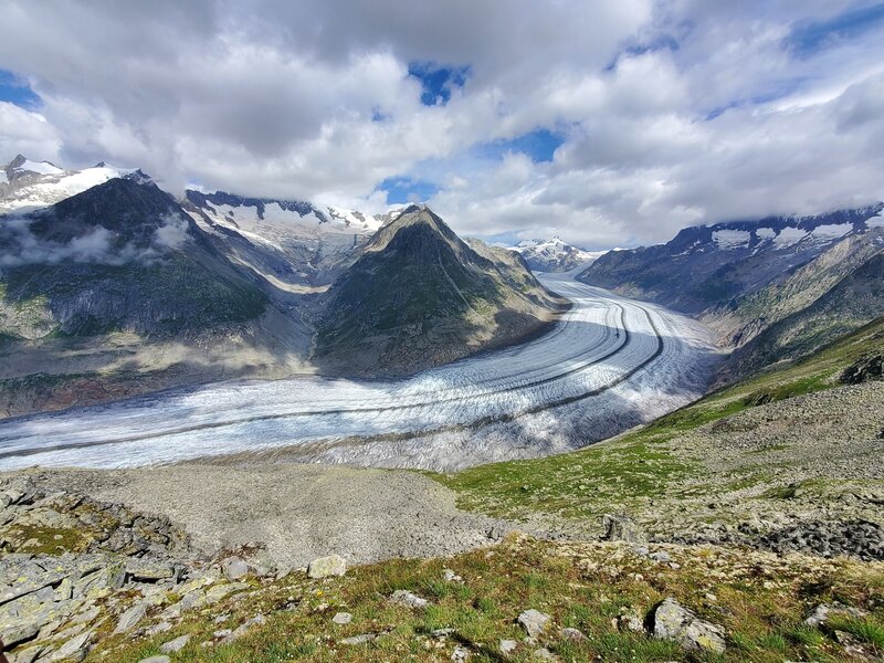 Aletsch glacier from the ridge - new July snow on the highest peaks.