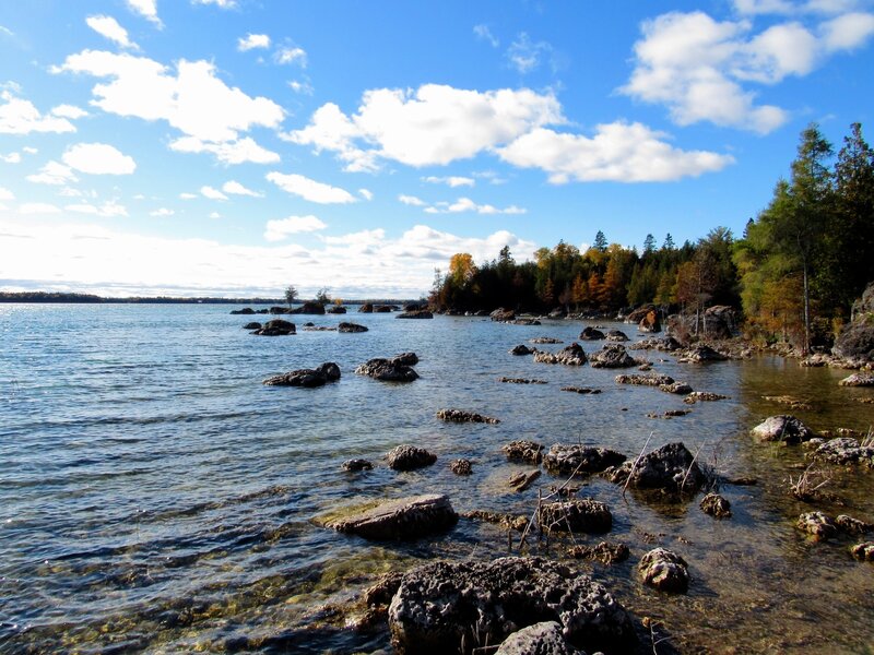 Lake Huron shoreline with fall foliage.