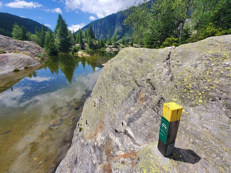 Markers showing where it is OK to sit and picnic in the Grunsee pond area