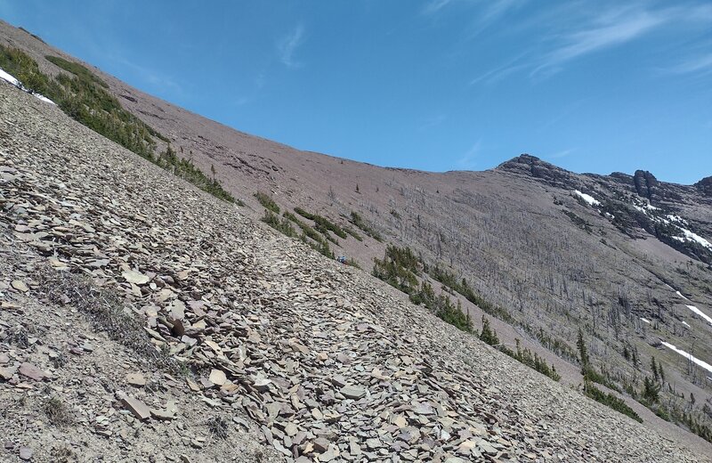 The trail can faintly be seen (up the center) as it traverses shale and scree on its way on the west side, to the saddle between Mt. Carthew and Mt. Alderson