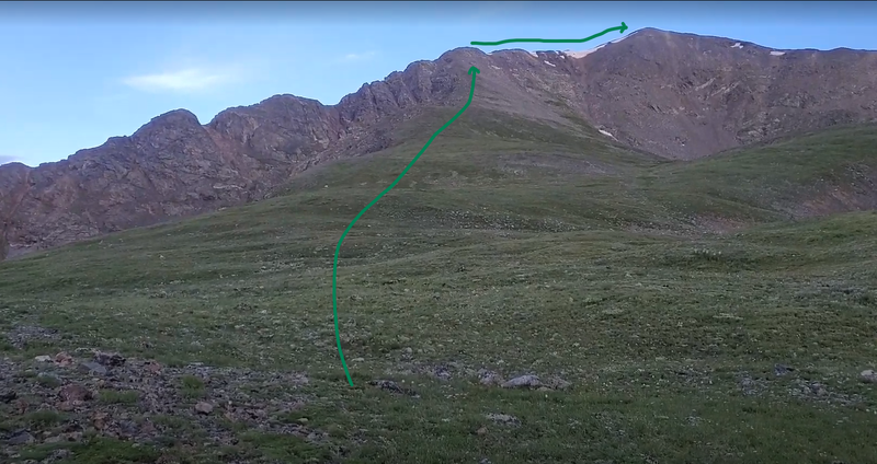 This is the off-trail slope to follow to the ridge proper. Obvious trail to Gray's Lake turns right.