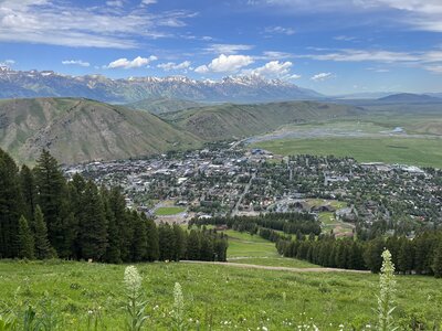 Looking down at the town of Jackson from Summit Trail #4040A. The far ridge is Grand Teton NP.