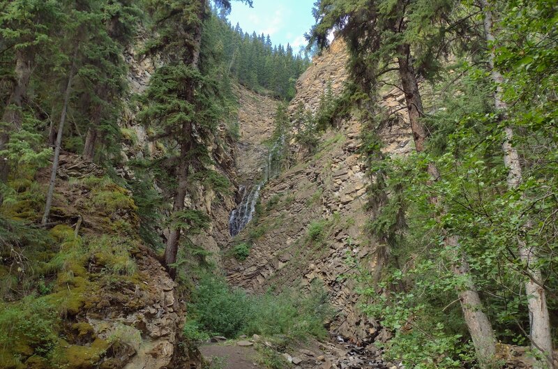 Eaton Falls in late August.  The falls drop over a crack in the cliff so are hard to see from this angle.