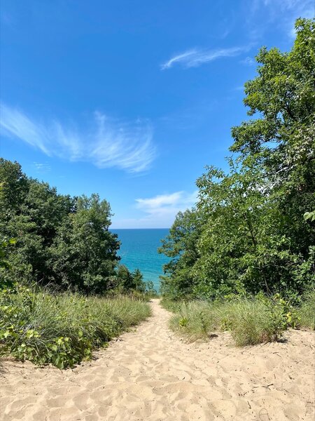 The view of Lake Michigan from the peak of the first dune.