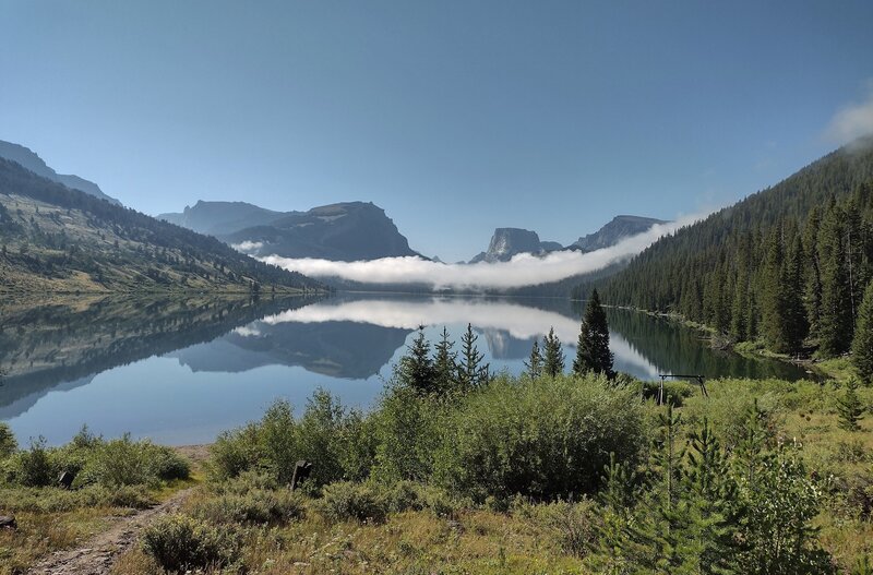 Lower Green River Lake on a perfect, clear, early August morning after the fog lifts.  Seen from the north end of the lake.