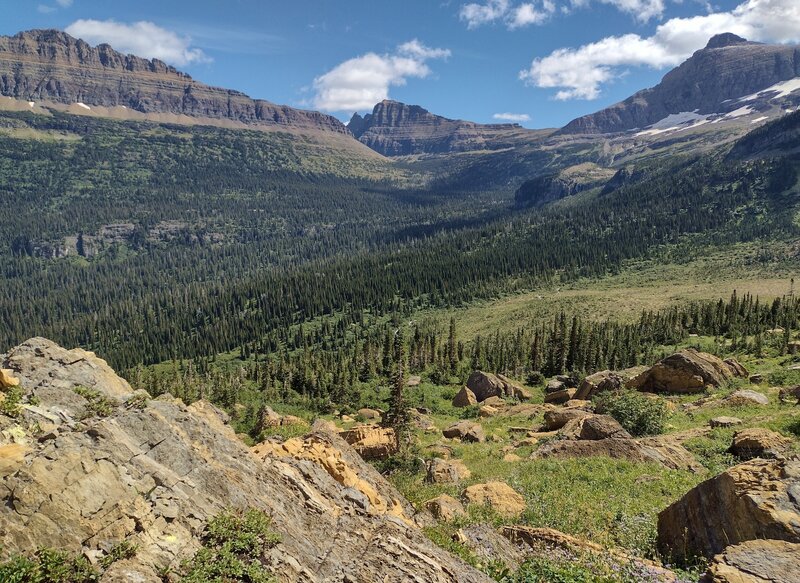 The meadows and bowl of Jackson and Blackfoot Glaciers, looking east from Jackson Glacier Trail.  The glaciers are off this photo on the right. Peaks, left to right - Citadel Mountain, 9,030 ft., Almost-A-Dog Mountain, 8.922 ft., and Mt. Logan, 9.239 ft.