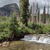 Florence Falls' creek crossing. Fusillade Mountain (upper left) ahead.