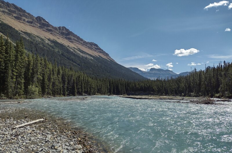 Castleguard River looking downstream/southeast towards the Alexander River about 3.5 miles away.