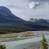 Mount Willerval, 10,433 ft., (left) towers over the broad Alexander River valley.  Seen looking southeast from the Alexandra River Trail. Distant mountains and glaciers on the right are on the Great Divide.