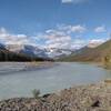 Great view of the peaks and Alexandra Glaciers of the Great Divide to the southwest, from the banks of the Alexandra River.