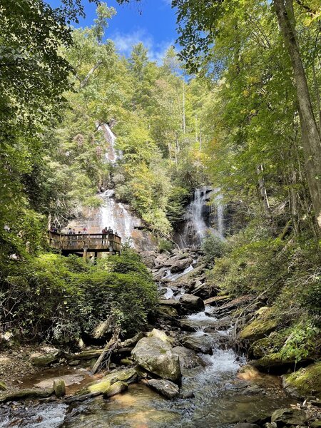 Where two separate streams--Curtis Creek and York Creek--join at the base of the falls to form Smith Creek, which flows into Unicoi Lake.