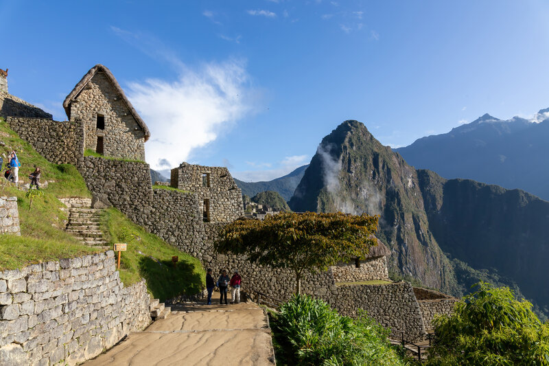 Entrance to Machu Picchu with Huayna Picchu Mountain looming above.