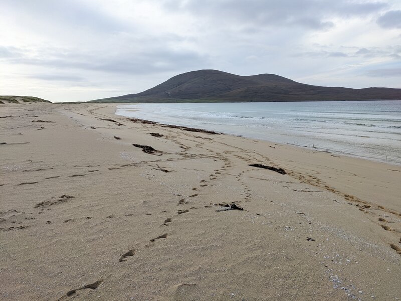 The peak of Ceapabhal looks down over Sgarasta Mhòr Beach.