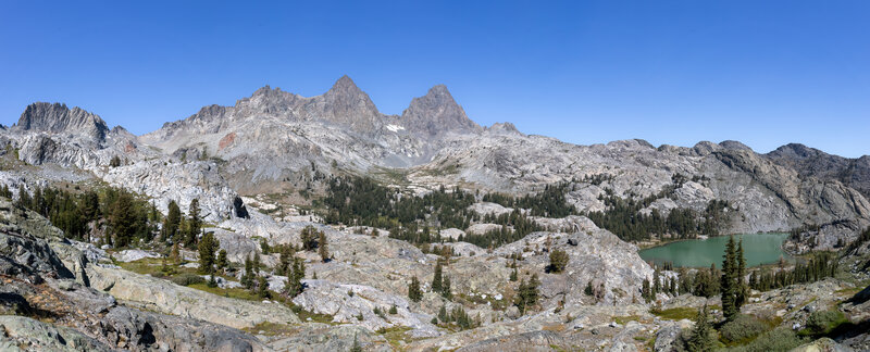 Mount Ritter and Banner Peak with Ediza Lake below.