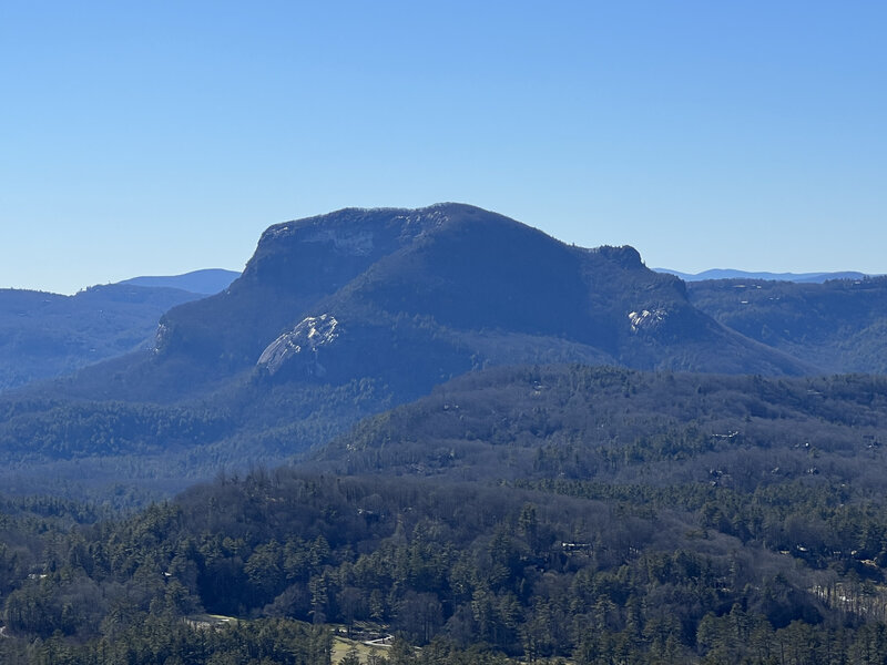 View from one of the rock outcropping on the South Ridge Trail of Chimney Top Mountain showing the Sleeping Bear view of Whiteside Mountain.