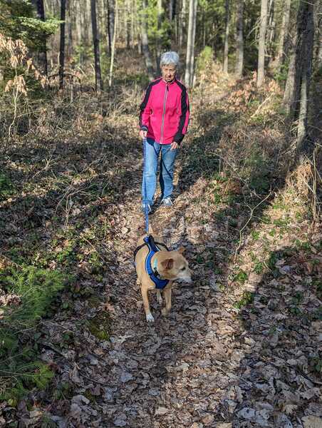 My 82 year old mom and Tucker on the trail.