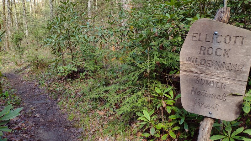 Ellicott Rock Wilderness sign at the Walhalla State Fish Hatchery Trailhead.