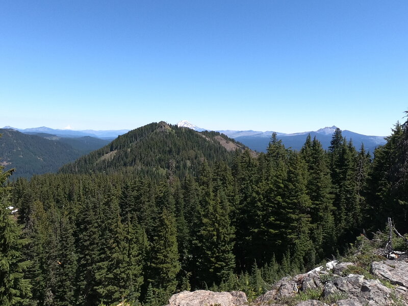 Mt. Hood (left, faint), Mt. Jefferson (center, peaking over summit) and 3-Fingered Jack (right) from Browder Ridge (7/3/23)