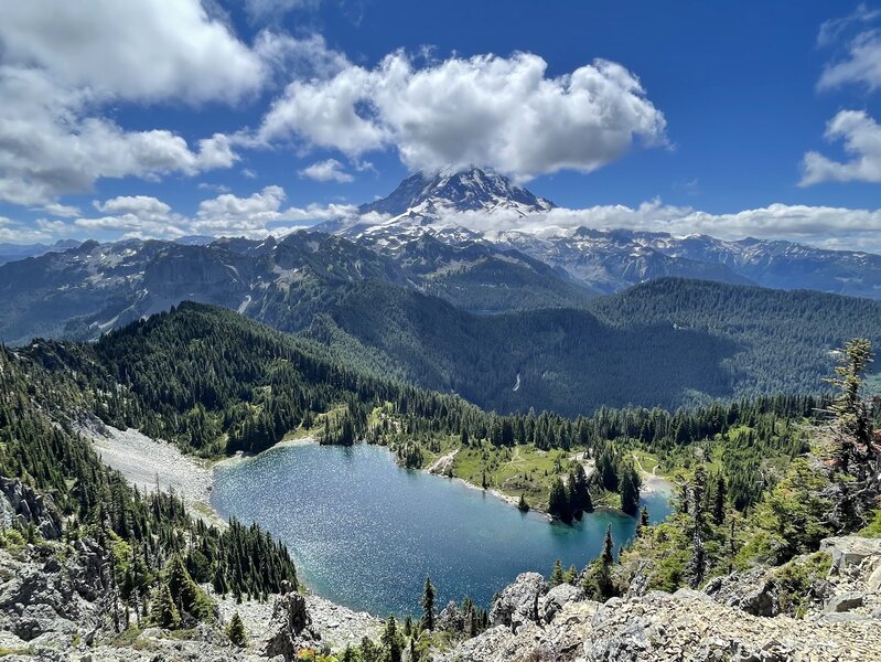 This is from Tolmie Peak in MRNP. This fire lookout is located in the NW corner of the park and overlooks Eunice and Mowich Lake as well as Ipsut Pass and Spray Park.