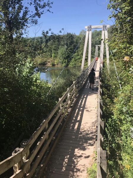 "The Mini Mac" wooden suspension bridge over the Manistee River.