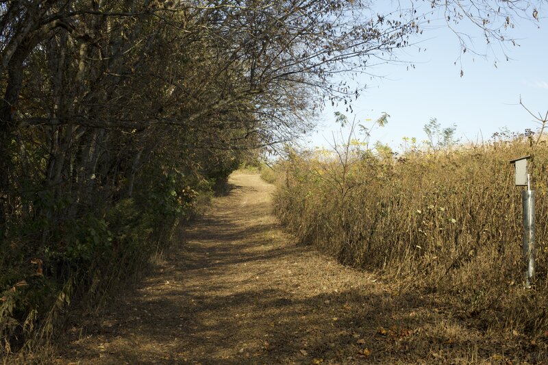 The trail follows the park boundary along a wide, grass path through the fields.