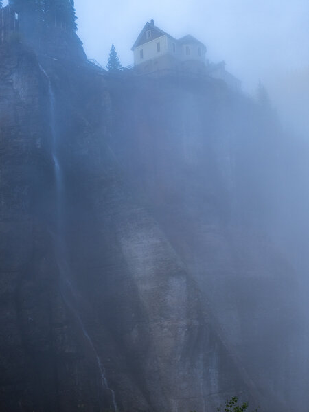Bridal Veil Falls and Powerhouse through the fog.