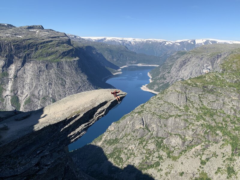 The summit of Trolltunga (Troll tongue), a rock diving into the fjord (August).