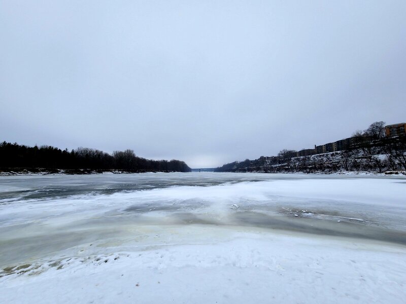 Confluence of the Mississippi and Minnesota Rivers, New Year's Day, 2023.