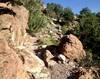 Traversing below a small rock cliff.