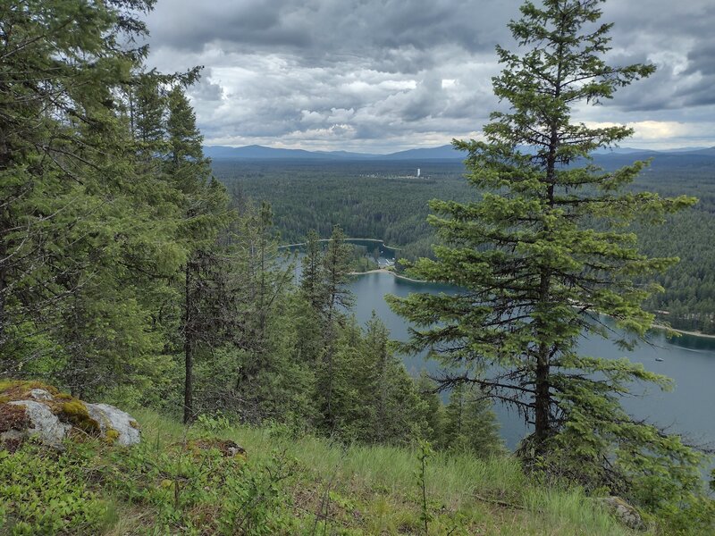 Lake Pend O'reille's Bottleneck Bay (center) is at the western tip of Idlewilde Bay. Seen looking west-northwest from high on Scout Trail's Lake Pend O'reille Viewpoint.