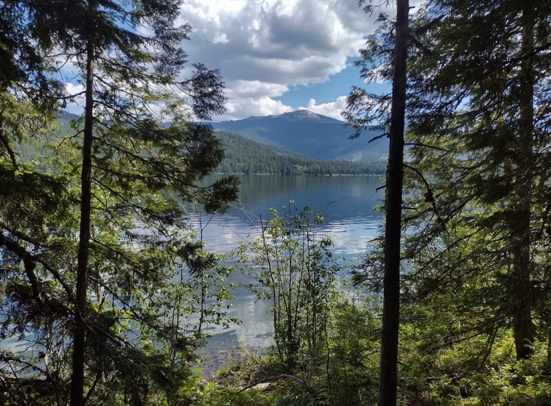 Upper Priest Lake and Lookout Mountain, 6,723 ft, (center right), are seen through the trees along Navigation Trail, to the east.