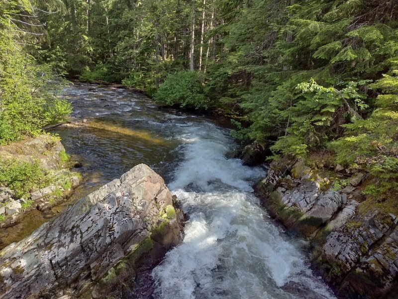 Hughes Fork vigorously cascades downstream in late June.  Looking from above on the Million Dollar Bridge.