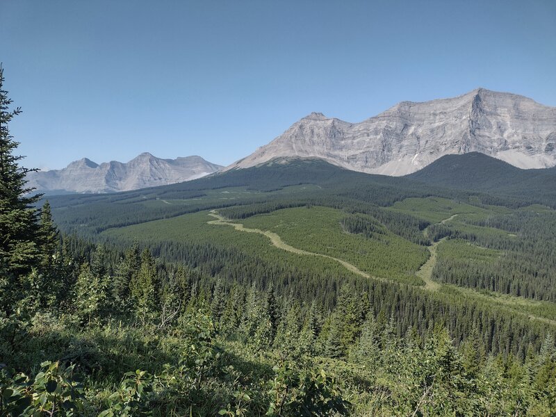 Massive Mount Etherington, 9,439 ft., on the Great Divide, looms over forested valleys below. Seen looking southwest near Etherington Creek.