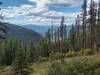 Nice views of the mountains far into the distance to the northeast, and close by meadows far below, are seen from the north side of Plowboy Mountain.