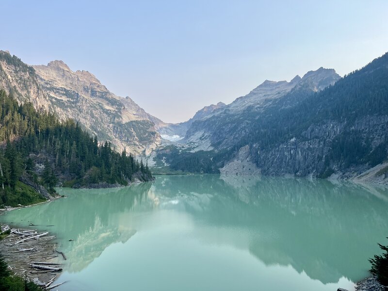 Blanca Lake, as the morning light hits the Columbia Peak and Kyes Peak that tower over the Columbia Glacier.