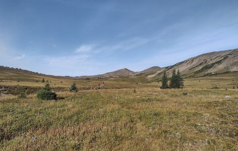 Strolling through the high meadows towards Mt. Morkill, 7,500 ft. (center), on a perfect September morning. Mt. Morkill and the ridge on the right, are all part of the Great Divide.