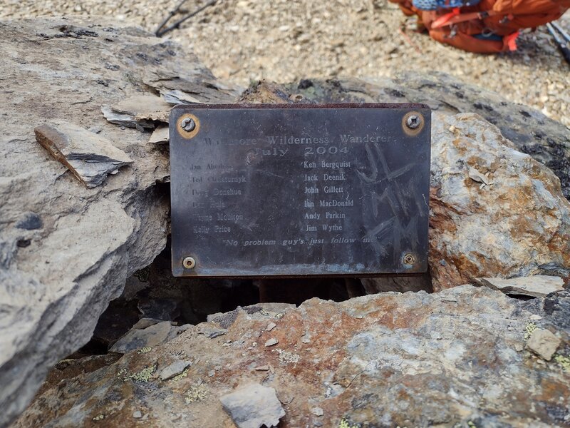 A plaque with sage advice, was put in this cairn 20 years ago by the Willmore Wilderness Wanderers, a group of likeminded hikers of the Willmore Wilderness.