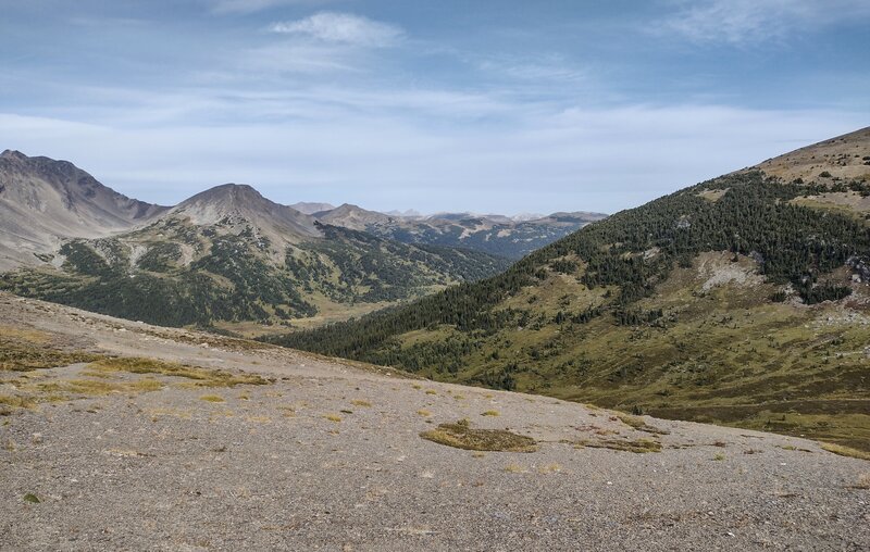 Mountains and valleys to the north of Mt. Morkill, are seen from the Mt. Morkill southwest col just below Mt. Morkill's summit.