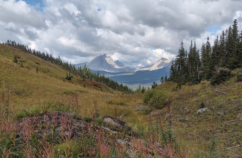 Bastille Mountain, 8,350 ft., Surprise Pass, and Mount Cote, 7,844 ft., are in the distance to the northwest.