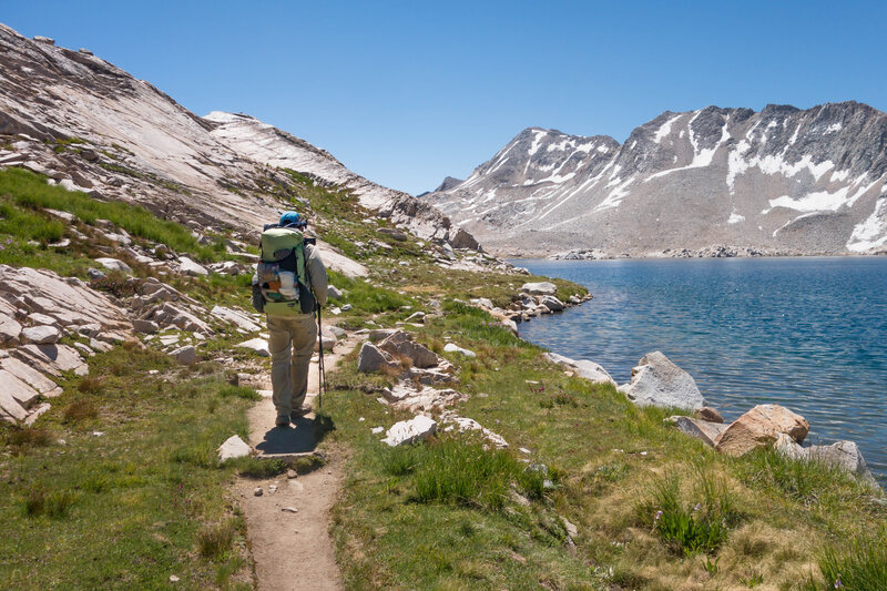 Hiking past one of the many beautiful lakes heading south towards Muir Pass.