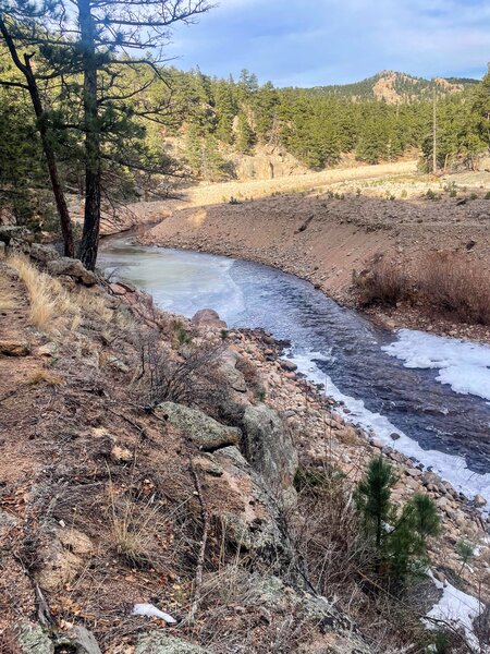 At the south end of the loop along the North St. Vrain Creek. The trail is rougher along the stream.