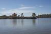 Pelicans and other birds rest at the confluence of the Arkansas and Poteau Rivers